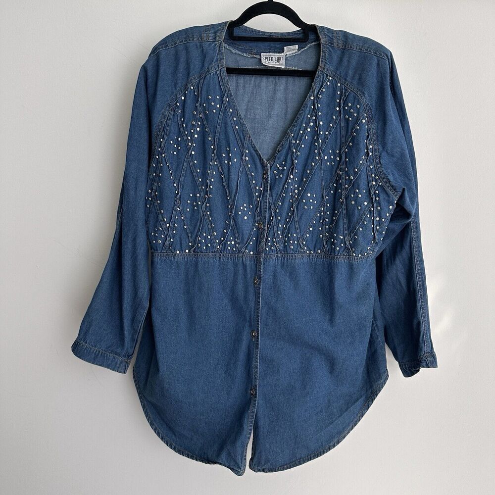 Vintage Denim Shirt Womens 1X Western Studded Button Up Overcoat Ranch Prairie
